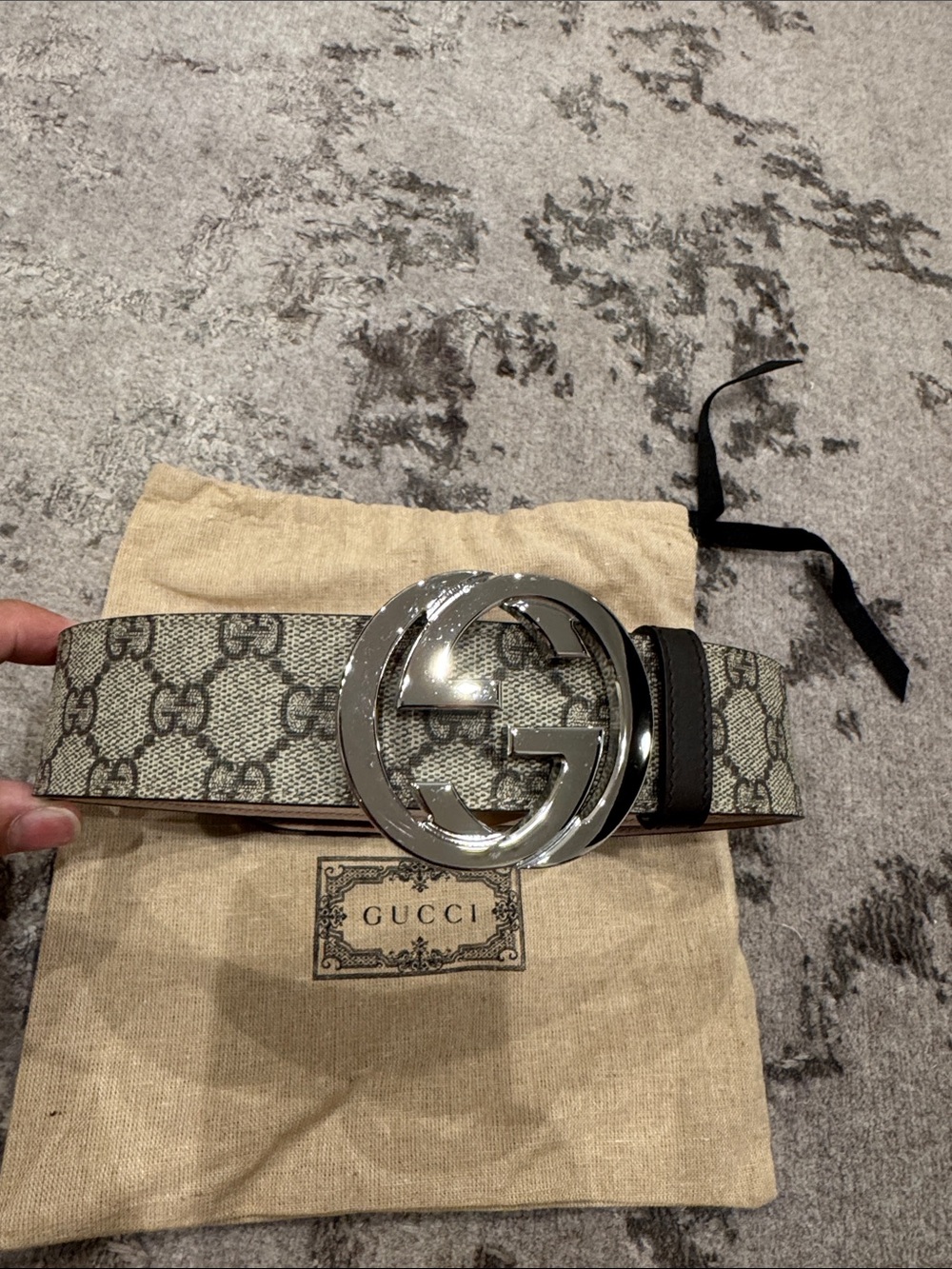 Gucci GG Supreme Monogram Belt in Beige and Brown with Silver Buckle